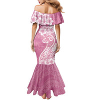 Polynesian Women's Day Family Matching Mermaid Dress and Hawaiian Shirt Pink Hibiscus Flowers With Polynesian Pattern