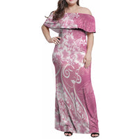 Polynesian Women's Day Family Matching Off Shoulder Maxi Dress and Hawaiian Shirt Pink Hibiscus Flowers With Polynesian Pattern