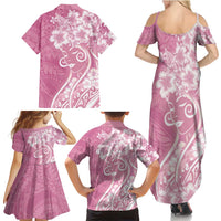 Polynesian Women's Day Family Matching Summer Maxi Dress and Hawaiian Shirt Pink Hibiscus Flowers With Polynesian Pattern