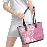 Polynesian Women's Day Leather Tote Bag Pink Hibiscus Flowers With Polynesian Pattern LT05 - Polynesian Pride