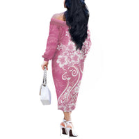 Polynesian Women's Day Off The Shoulder Long Sleeve Dress Pink Hibiscus Flowers With Polynesian Pattern LT05 - Polynesian Pride