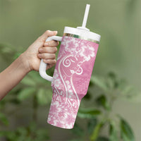 Polynesian Women's Day Tumbler With Handle Pink Hibiscus Flowers With Polynesian Pattern LT05 - Polynesian Pride
