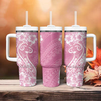 Polynesian Women's Day Tumbler With Handle Pink Hibiscus Flowers With Polynesian Pattern LT05 - Polynesian Pride