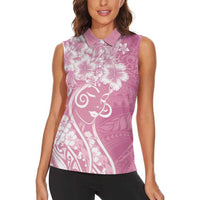Polynesian Women's Day Women Sleeveless Polo Shirt Pink Hibiscus Flowers With Polynesian Pattern LT05 - Polynesian Pride