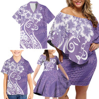 Polynesian Women's Day Family Matching Off Shoulder Short Dress and Hawaiian Shirt Purple Hibiscus Flowers With Polynesian Pattern