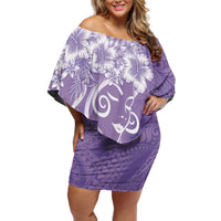 Polynesian Women's Day Off Shoulder Short Dress Purple Hibiscus Flowers With Polynesian Pattern LT05 Women Purple - Polynesian Pride