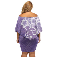 Polynesian Women's Day Off Shoulder Short Dress Purple Hibiscus Flowers With Polynesian Pattern LT05 - Polynesian Pride