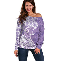 Polynesian Women's Day Off Shoulder Sweater Purple Hibiscus Flowers With Polynesian Pattern LT05 Women Purple - Polynesian Pride