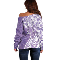 Polynesian Women's Day Off Shoulder Sweater Purple Hibiscus Flowers With Polynesian Pattern LT05 - Polynesian Pride