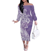 Polynesian Women's Day Off The Shoulder Long Sleeve Dress Purple Hibiscus Flowers With Polynesian Pattern LT05 Women Purple - Polynesian Pride