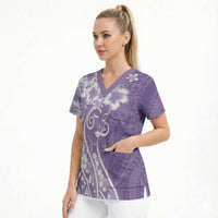 Polynesian Women's Day Scrub Top Purple Hibiscus Flowers With Polynesian Pattern LT05 - Polynesian Pride