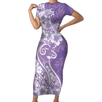 Polynesian Women's Day Short Sleeve Bodycon Dress Purple Hibiscus Flowers With Polynesian Pattern LT05 Long Dress Purple - Polynesian Pride