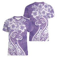 Polynesian Women's Day Women V-Neck T-Shirt Purple Hibiscus Flowers With Polynesian Pattern LT05 - Polynesian Pride