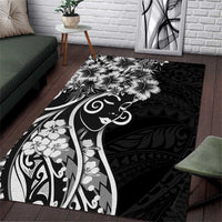 Polynesian Women's Day Area Rug Black Hibiscus Flowers With Polynesian Pattern