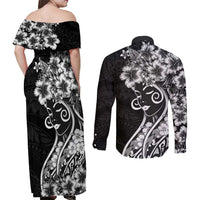 Polynesian Women's Day Couples Matching Off Shoulder Maxi Dress and Long Sleeve Button Shirt Black Hibiscus Flowers With Polynesian Pattern LT05 - Polynesian Pride
