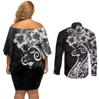 Polynesian Women's Day Couples Matching Off Shoulder Short Dress and Long Sleeve Button Shirt Black Hibiscus Flowers With Polynesian Pattern LT05 - Polynesian Pride