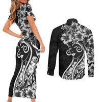 Polynesian Women's Day Couples Matching Short Sleeve Bodycon Dress and Long Sleeve Button Shirt Black Hibiscus Flowers With Polynesian Pattern LT05 - Polynesian Pride
