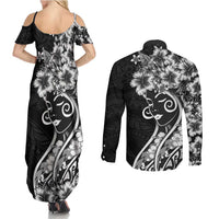 Polynesian Women's Day Couples Matching Summer Maxi Dress and Long Sleeve Button Shirt Black Hibiscus Flowers With Polynesian Pattern LT05 - Polynesian Pride