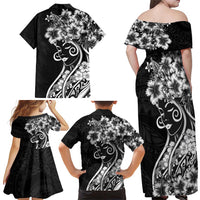 Polynesian Women's Day Family Matching Off Shoulder Maxi Dress and Hawaiian Shirt Black Hibiscus Flowers With Polynesian Pattern