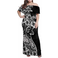 Polynesian Women's Day Family Matching Off Shoulder Maxi Dress and Hawaiian Shirt Black Hibiscus Flowers With Polynesian Pattern