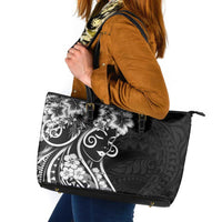 Polynesian Women's Day Leather Tote Bag Black Hibiscus Flowers With Polynesian Pattern LT05 Black - Polynesian Pride
