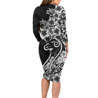 Polynesian Women's Day Long Sleeve Bodycon Dress Black Hibiscus Flowers With Polynesian Pattern LT05 - Polynesian Pride