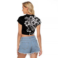 Polynesian Women's Day Raglan Cropped T Shirt Black Hibiscus Flowers With Polynesian Pattern