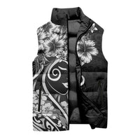 Polynesian Women's Day Sleeveless Puffer Jacket Black Hibiscus Flowers With Polynesian Pattern LT05 - Polynesian Pride