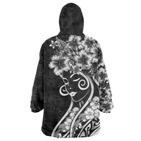 Polynesian Women's Day Wearable Blanket Hoodie Black Hibiscus Flowers With Polynesian Pattern LT05 - Polynesian Pride
