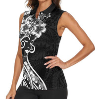 Polynesian Women's Day Women Sleeveless Polo Shirt Black Hibiscus Flowers With Polynesian Pattern LT05 - Polynesian Pride
