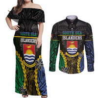 Personalised South Sea Islanders And Gilbert Islands Couples Matching Off Shoulder Maxi Dress and Long Sleeve Button Shirt Kanakas Polynesian Pattern LT05 Black - Polynesian Pride