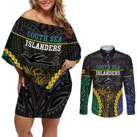 Personalised South Sea Islanders And New Ireland Couples Matching Off Shoulder Short Dress and Long Sleeve Button Shirt Kanakas Polynesian Pattern LT05 Black - Polynesian Pride