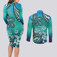 Fiji Born Indian Couples Matching Long Sleeve Bodycon Dress and Long Sleeve Button Shirt Palm Paisley With Tapa Pattern