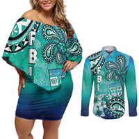 Fiji Born Indian Couples Matching Off Shoulder Short Dress and Long Sleeve Button Shirt Palm Paisley With Tapa Pattern