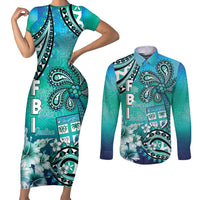 Fiji Born Indian Couples Matching Short Sleeve Bodycon Dress and Long Sleeve Button Shirt Palm Paisley With Tapa Pattern