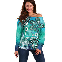 Fiji Born Indian Off Shoulder Sweater Palm Paisley With Tapa Pattern