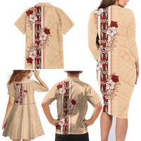 Tonga Language Week Family Matching Long Sleeve Bodycon Dress and Hawaiian Shirt Hibiscus Tongan Ngatu Pattern