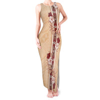 Tonga Language Week Tank Maxi Dress Hibiscus Tongan Ngatu Pattern LT05 Women Beige - Polynesian Pride