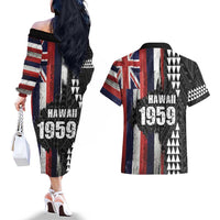Hawaii 1959 Statehood Day Couples Matching Off The Shoulder Long Sleeve Dress and Hawaiian Shirt Classic Style