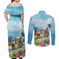 Hawaii Outrigger Canoe Race Couples Matching Off Shoulder Maxi Dress and Long Sleeve Button Shirt Polynesian Style Watercolor Style LT05 - Polynesian Pride