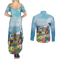 Hawaii Outrigger Canoe Race Couples Matching Summer Maxi Dress and Long Sleeve Button Shirt Polynesian Style Watercolor Style LT05 - Polynesian Pride