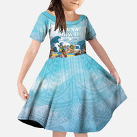 Hawaii Outrigger Canoe Race Family Matching Short Sleeve Bodycon Dress and Hawaiian Shirt Polynesian Style Watercolor Style LT05 Daughter's Dress Blue - Polynesian Pride