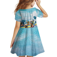 Hawaii Outrigger Canoe Race Kid Short Sleeve Dress Polynesian Style Watercolor Style