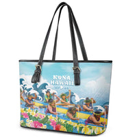 Hawaii Outrigger Canoe Race Leather Tote Bag Polynesian Style Watercolor Style LT05 - Polynesian Pride