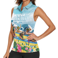 Hawaii Outrigger Canoe Race Women Sleeveless Polo Shirt Polynesian Style Watercolor Style