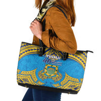 Tuvalu Independence Day Leather Tote Bag Coat Of Arms With Polynesian Dolphin Tattoo LT05 Blue - Polynesian Pride