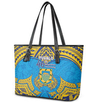 Tuvalu Independence Day Leather Tote Bag Coat Of Arms With Polynesian Dolphin Tattoo LT05 - Polynesian Pride