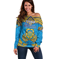 Personalised Tuvalu Independence Day Off Shoulder Sweater Coat Of Arms With Polynesian Dolphin Tattoo LT05 Women Blue - Polynesian Pride