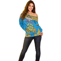 Personalised Tuvalu Independence Day Off Shoulder Sweater Coat Of Arms With Polynesian Dolphin Tattoo LT05 - Polynesian Pride
