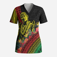 Retro Hawaiian Singer Scrub Top Polynesian Style Tropical Flowers LT05 Adult Black - Polynesian Pride